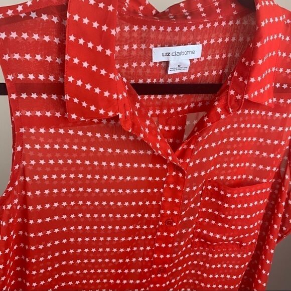 Liz Claiborne red sleeveless collar shirt w stars - Picture 3 of 7